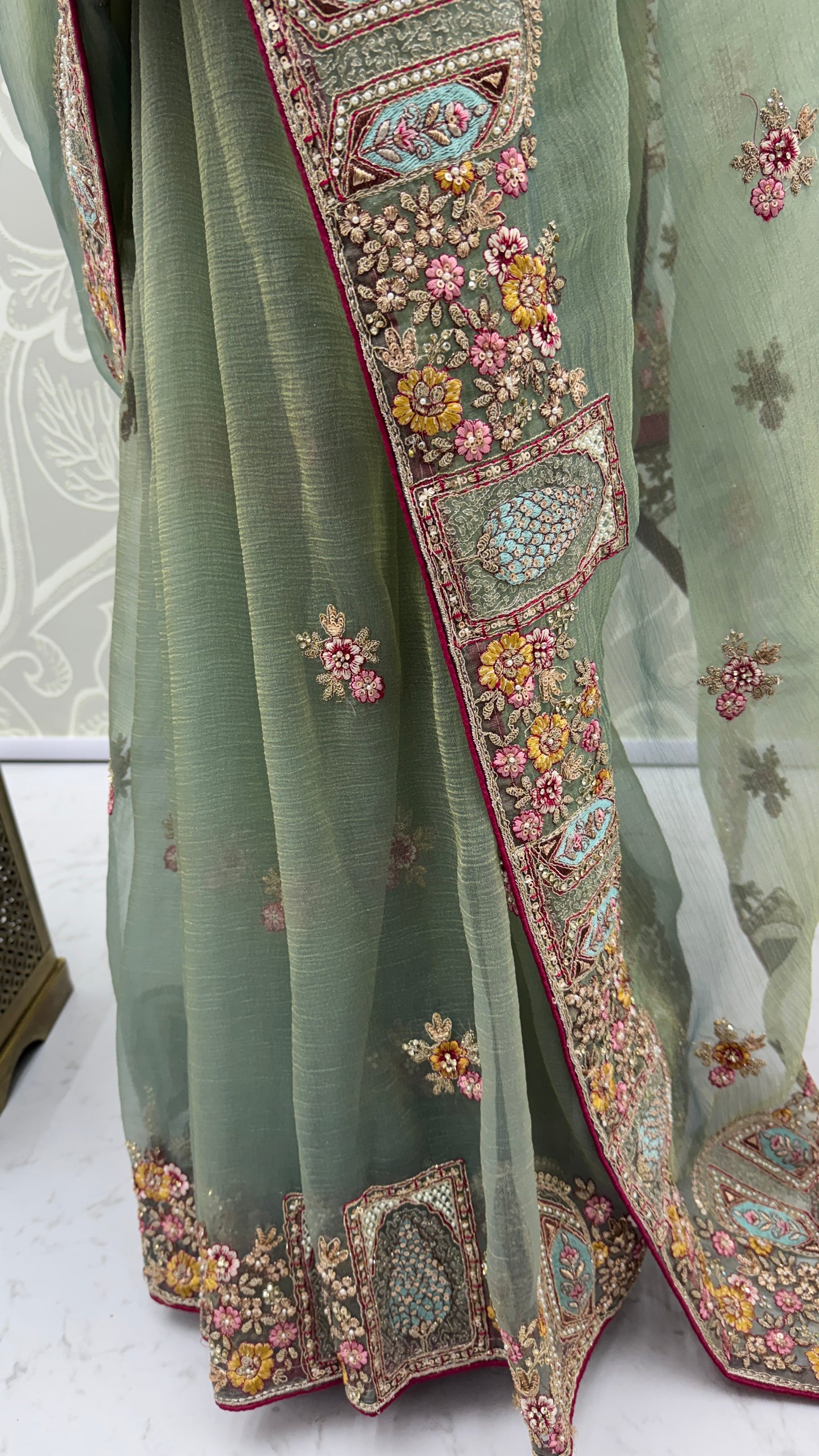 Pastel Sage Gabana Silk Saree with Patch Embroidery, Zari Work and Zircon Diamond Detailing