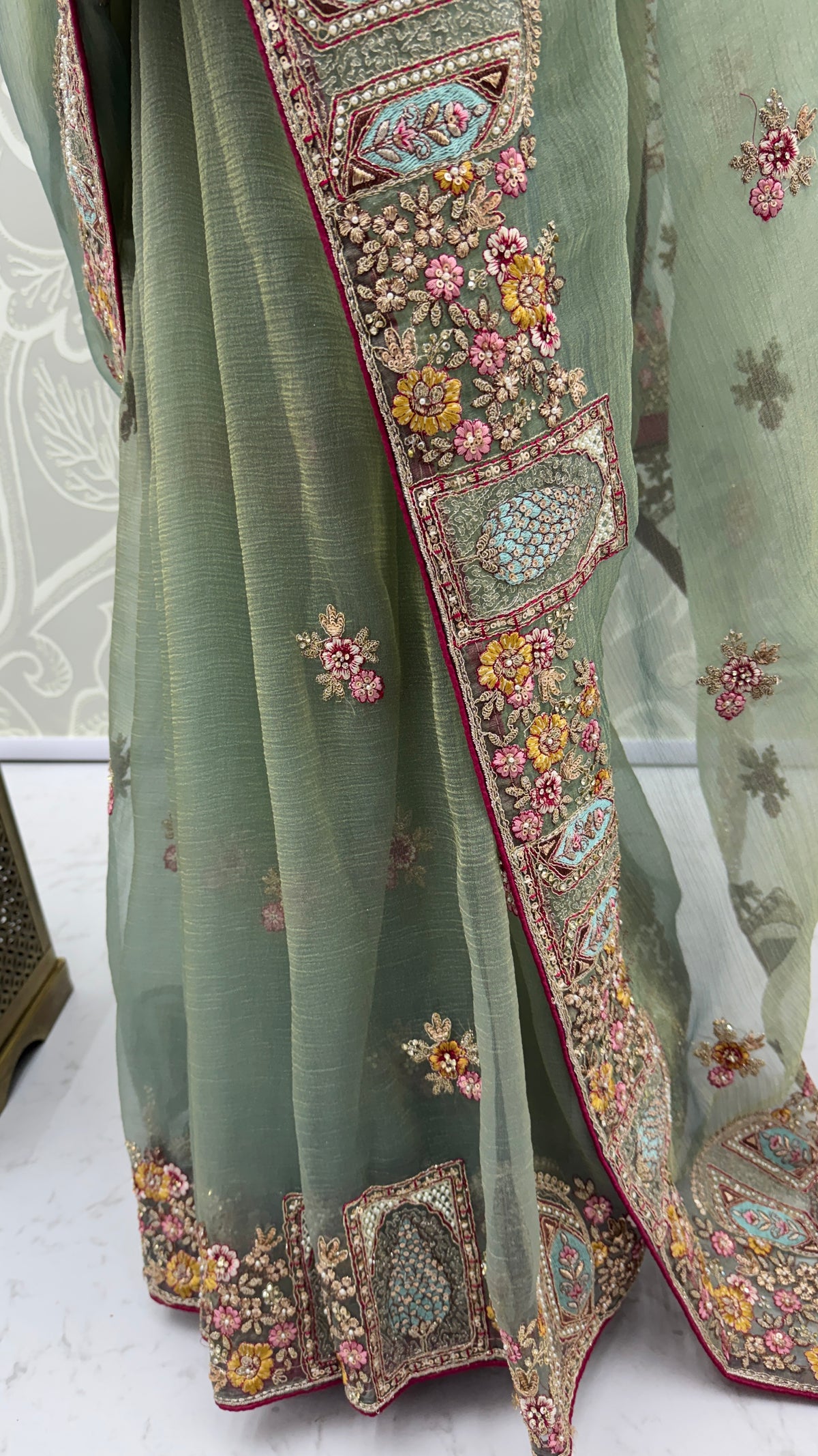 Pastel Sage Gabana Silk Saree with Patch Embroidery, Zari Work and Zircon Diamond Detailing