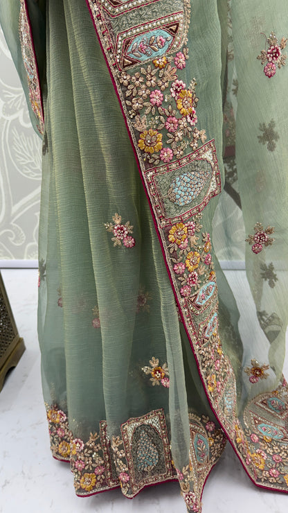 Pastel Sage Gabana Silk Saree with Patch Embroidery, Zari Work and Zircon Diamond Detailing