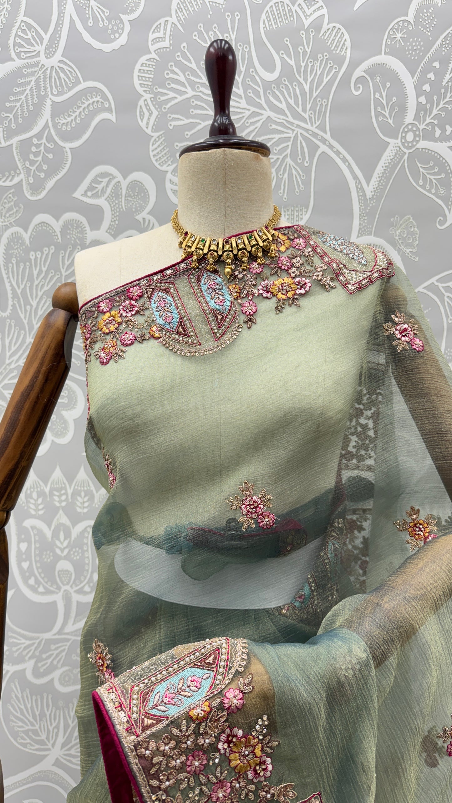 Pastel Sage Gabana Silk Saree with Patch Embroidery, Zari Work and Zircon Diamond Detailing
