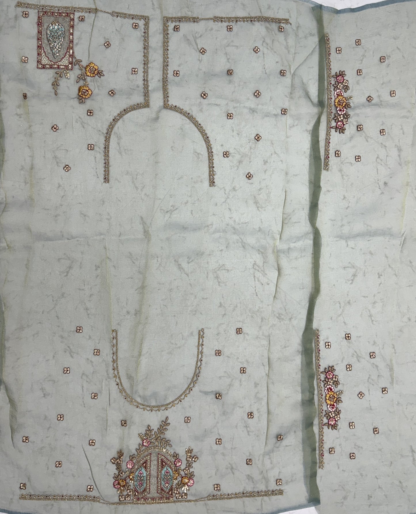 Pastel Sage Gabana Silk Saree with Patch Embroidery, Zari Work and Zircon Diamond Detailing