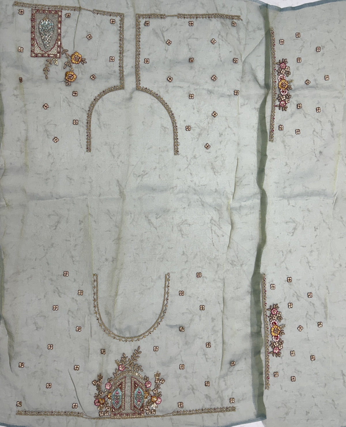 Pastel Sage Gabana Silk Saree with Patch Embroidery, Zari Work and Zircon Diamond Detailing