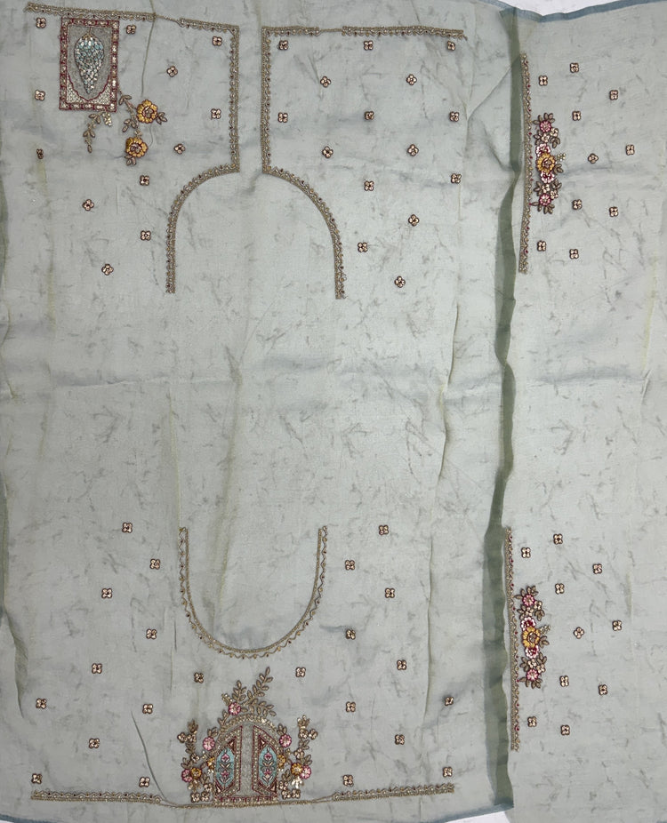 Pastel Sage Gabana Silk Saree with Patch Embroidery, Zari Work and Zircon Diamond Detailing