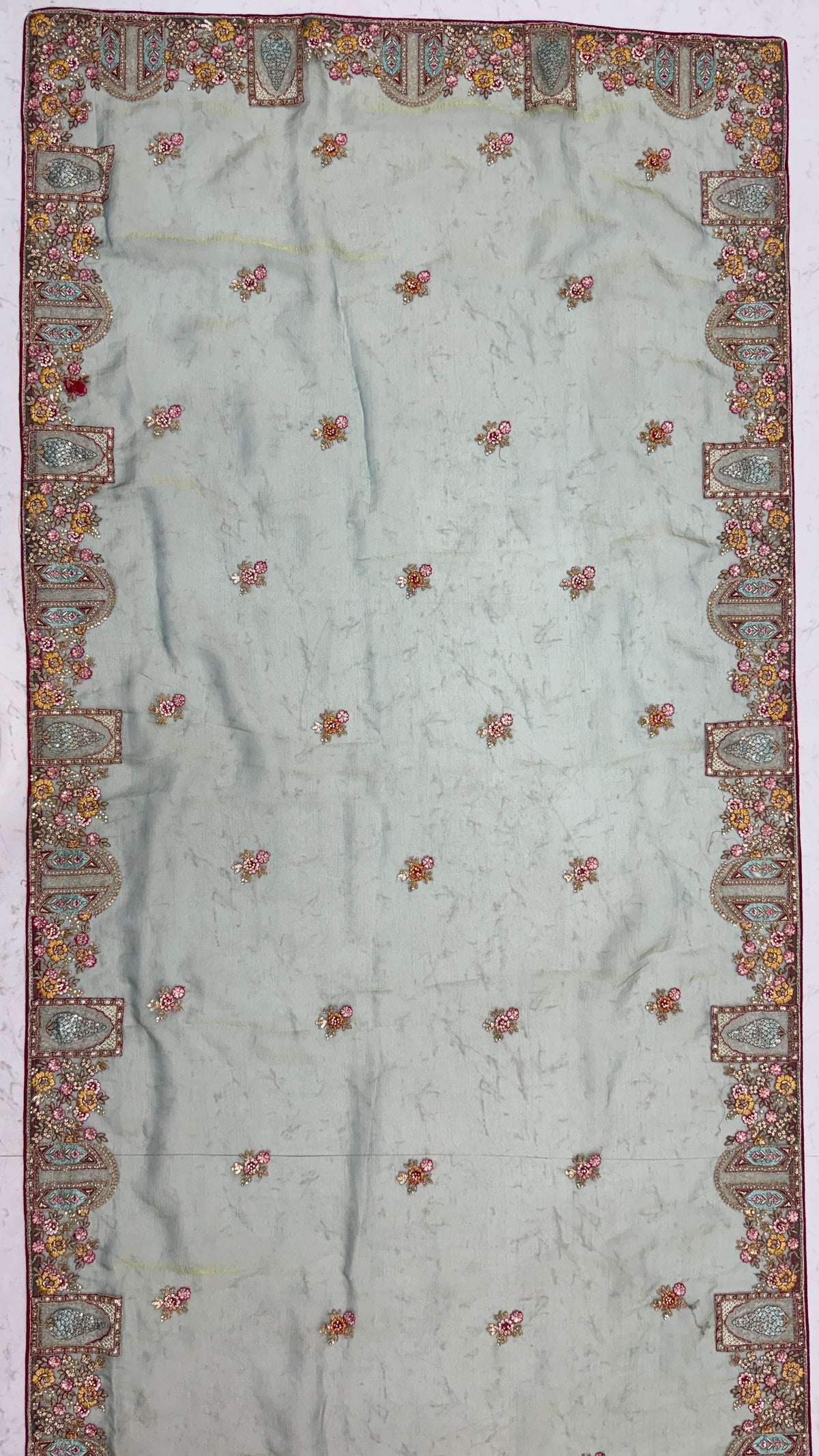 Pastel Sage Gabana Silk Saree with Patch Embroidery, Zari Work and Zircon Diamond Detailing