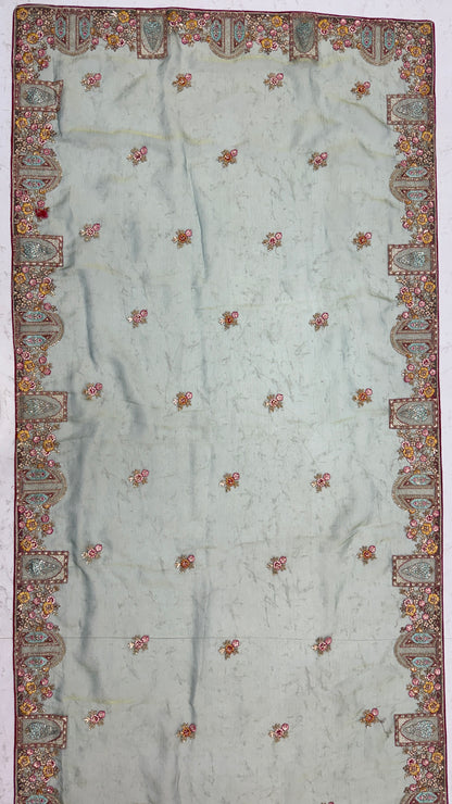 Pastel Sage Gabana Silk Saree with Patch Embroidery, Zari Work and Zircon Diamond Detailing