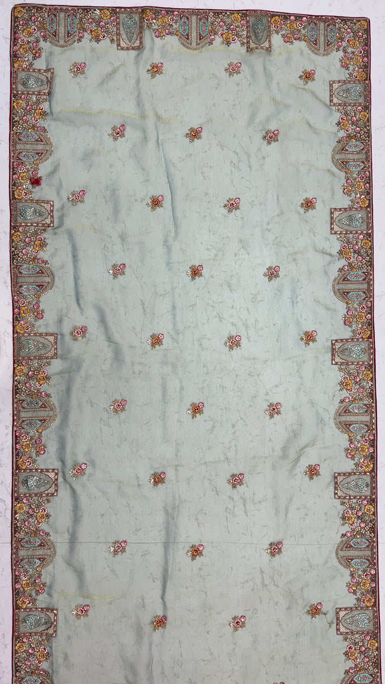 Pastel Sage Gabana Silk Saree with Patch Embroidery, Zari Work and Zircon Diamond Detailing