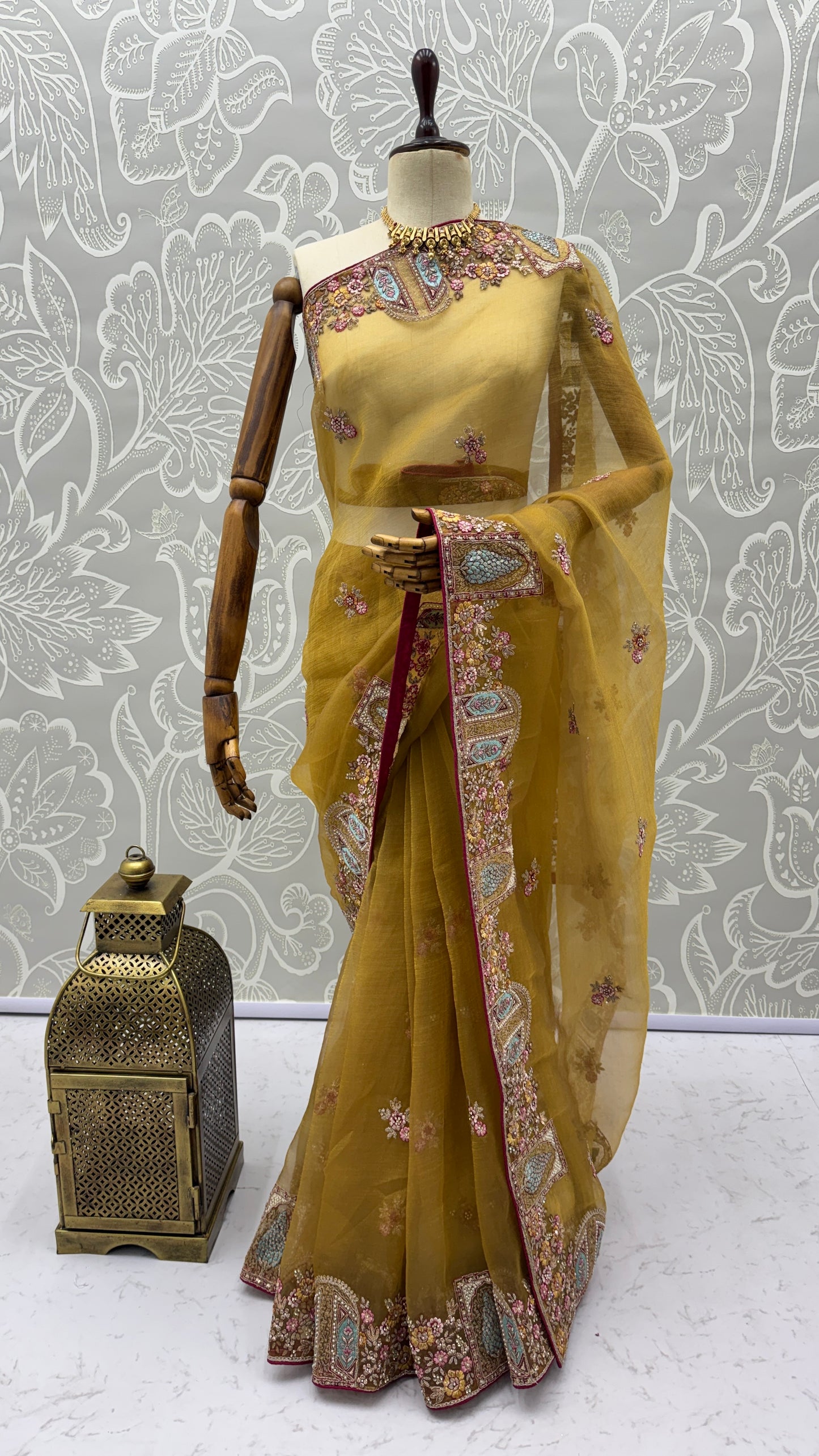Mustard Gold Gabana Silk Saree with Patch Embroidery, Zari Work and Zircon Diamond Detailing