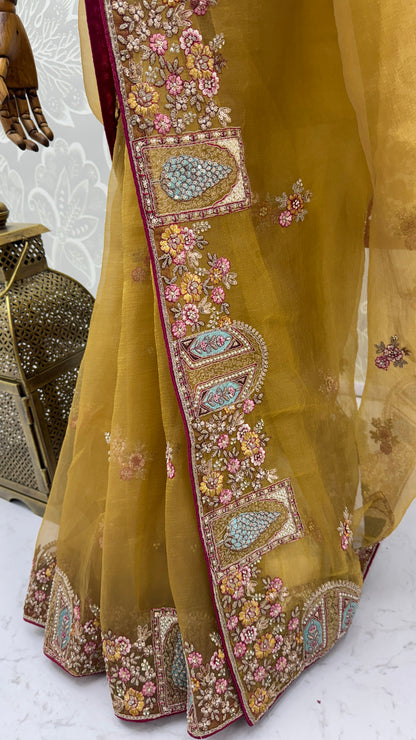 Mustard Gold Gabana Silk Saree with Patch Embroidery, Zari Work and Zircon Diamond Detailing