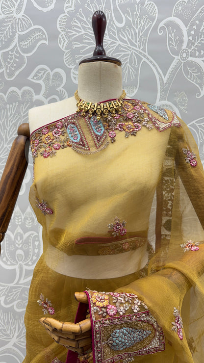 Mustard Gold Gabana Silk Saree with Patch Embroidery, Zari Work and Zircon Diamond Detailing