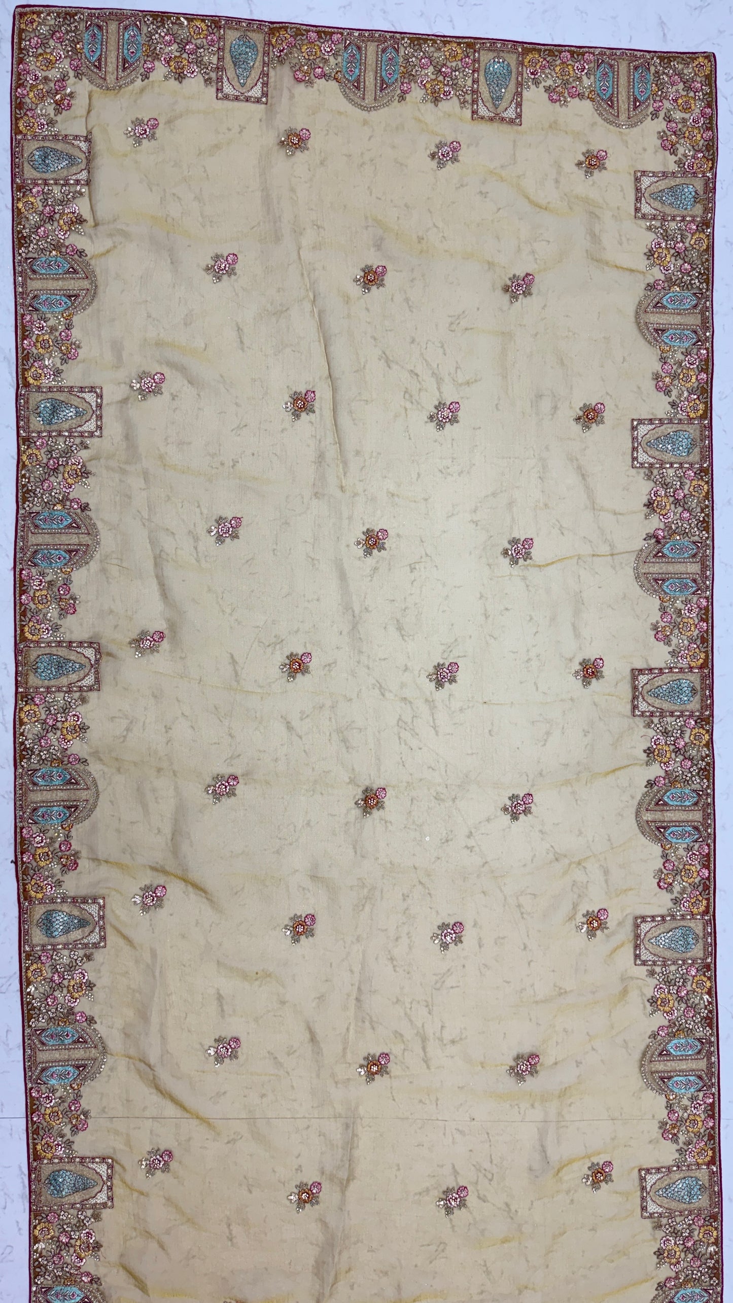 Mustard Gold Gabana Silk Saree with Patch Embroidery, Zari Work and Zircon Diamond Detailing