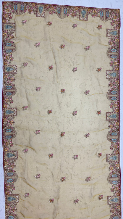 Mustard Gold Gabana Silk Saree with Patch Embroidery, Zari Work and Zircon Diamond Detailing