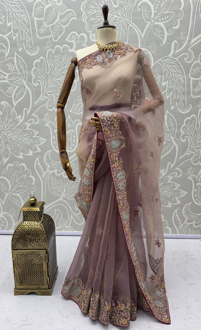 Dusty Mauve Designer Saree with Patch Embroidery, Dori Work, Zari and Zircon Diamond Detailing