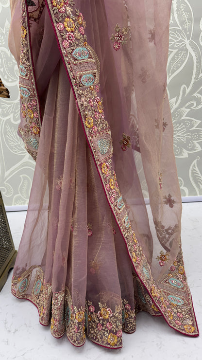 Dusty Mauve Designer Saree with Patch Embroidery, Dori Work, Zari and Zircon Diamond Detailing