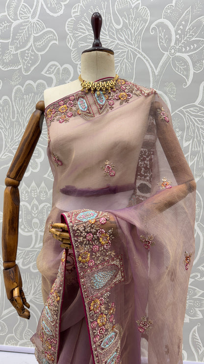Dusty Mauve Designer Saree with Patch Embroidery, Dori Work, Zari and Zircon Diamond Detailing