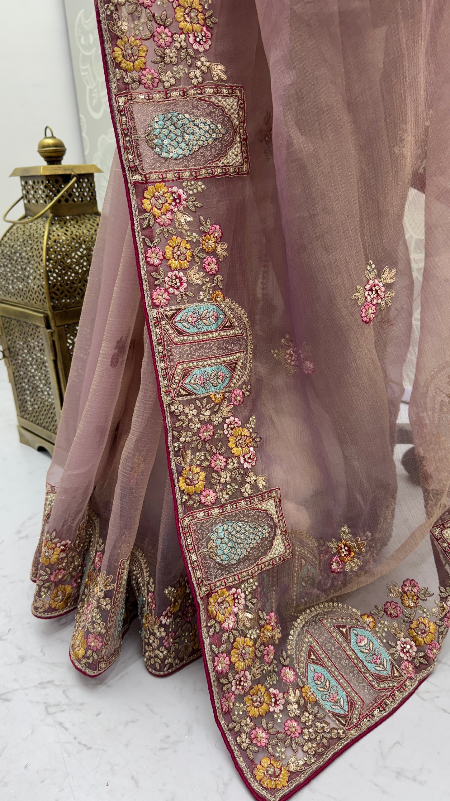 Dusty Mauve Designer Saree with Patch Embroidery, Dori Work, Zari and Zircon Diamond Detailing