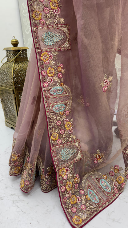 Dusty Mauve Designer Saree with Patch Embroidery, Dori Work, Zari and Zircon Diamond Detailing