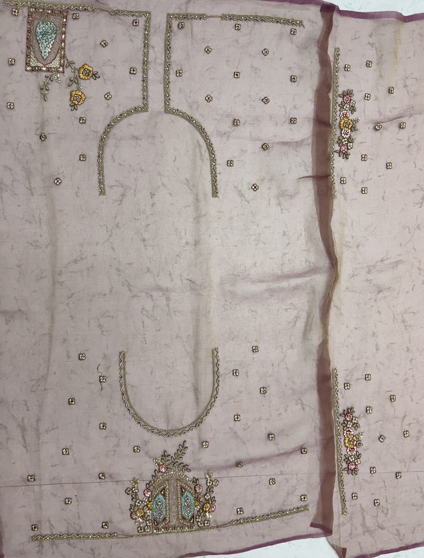 Dusty Mauve Designer Saree with Patch Embroidery, Dori Work, Zari and Zircon Diamond Detailing