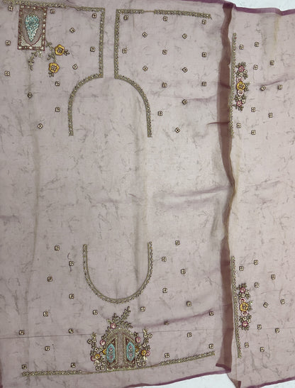 Dusty Mauve Designer Saree with Patch Embroidery, Dori Work, Zari and Zircon Diamond Detailing
