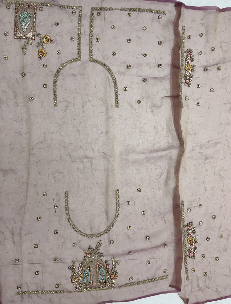 Dusty Mauve Designer Saree with Patch Embroidery, Dori Work, Zari and Zircon Diamond Detailing