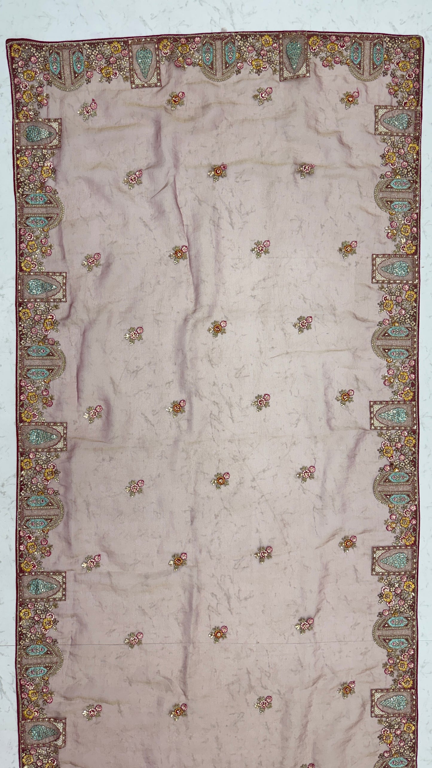 Dusty Mauve Designer Saree with Patch Embroidery, Dori Work, Zari and Zircon Diamond Detailing