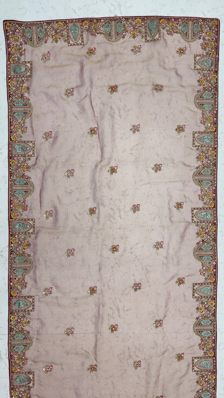 Dusty Mauve Designer Saree with Patch Embroidery, Dori Work, Zari and Zircon Diamond Detailing