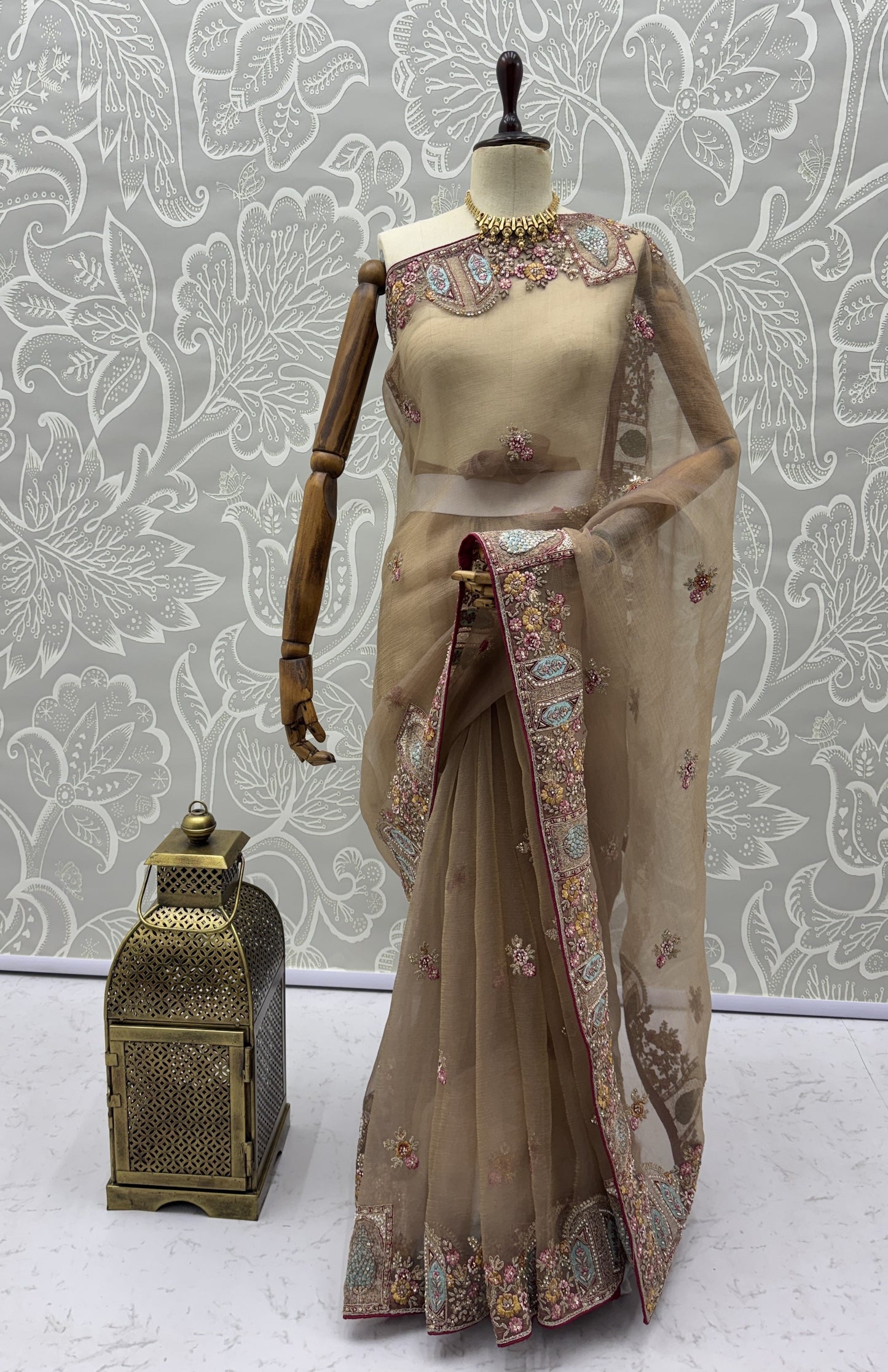 Mocha Brown Designer Saree with Patch Embroidery, Dori Work, Zari and Zircon Diamond Detailing