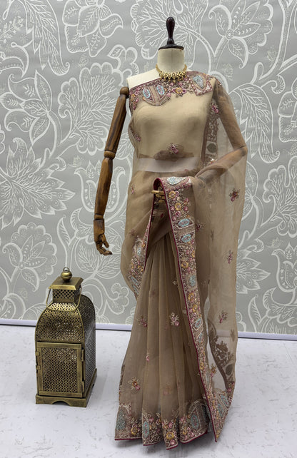 Mocha Brown Designer Saree with Patch Embroidery, Dori Work, Zari and Zircon Diamond Detailing
