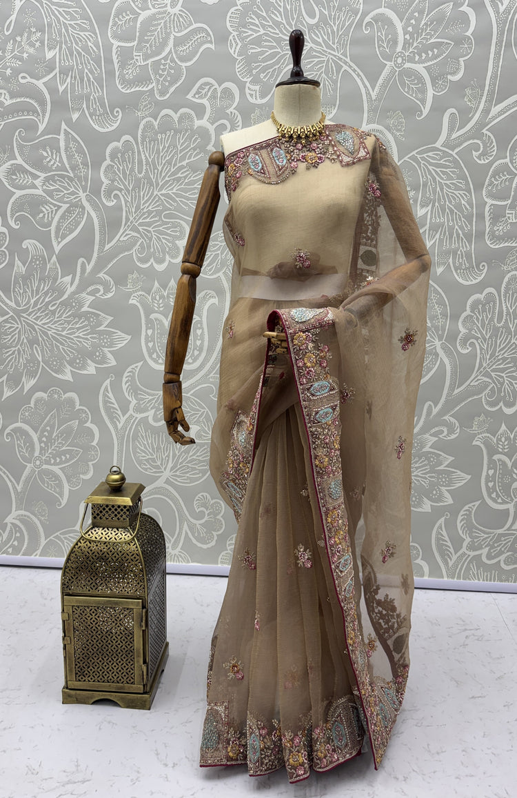 Mocha Brown Designer Saree with Patch Embroidery, Dori Work, Zari and Zircon Diamond Detailing