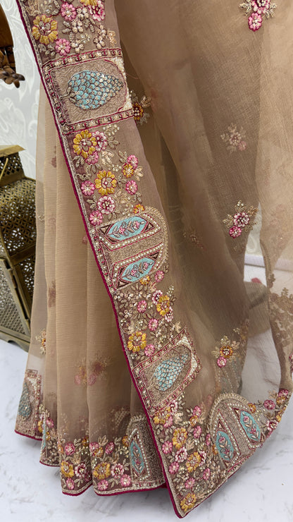Mocha Brown Designer Saree with Patch Embroidery, Dori Work, Zari and Zircon Diamond Detailing