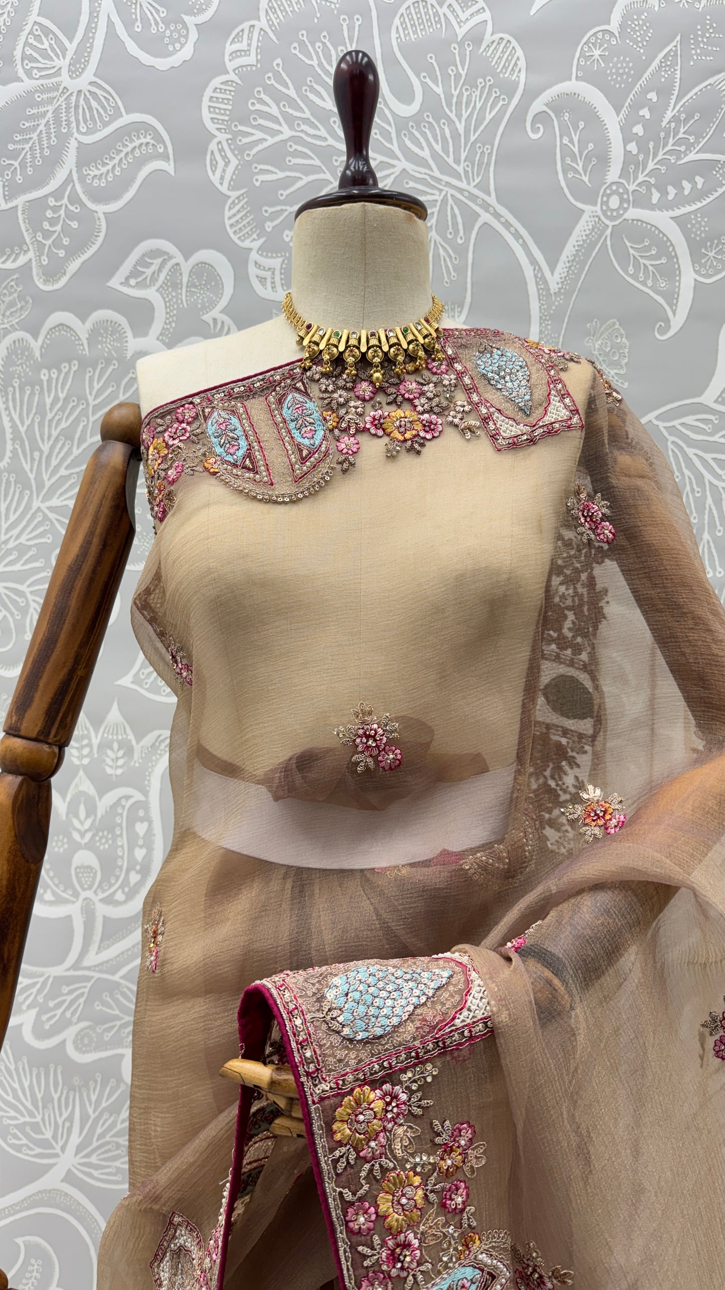 Mocha Brown Designer Saree with Patch Embroidery, Dori Work, Zari and Zircon Diamond Detailing