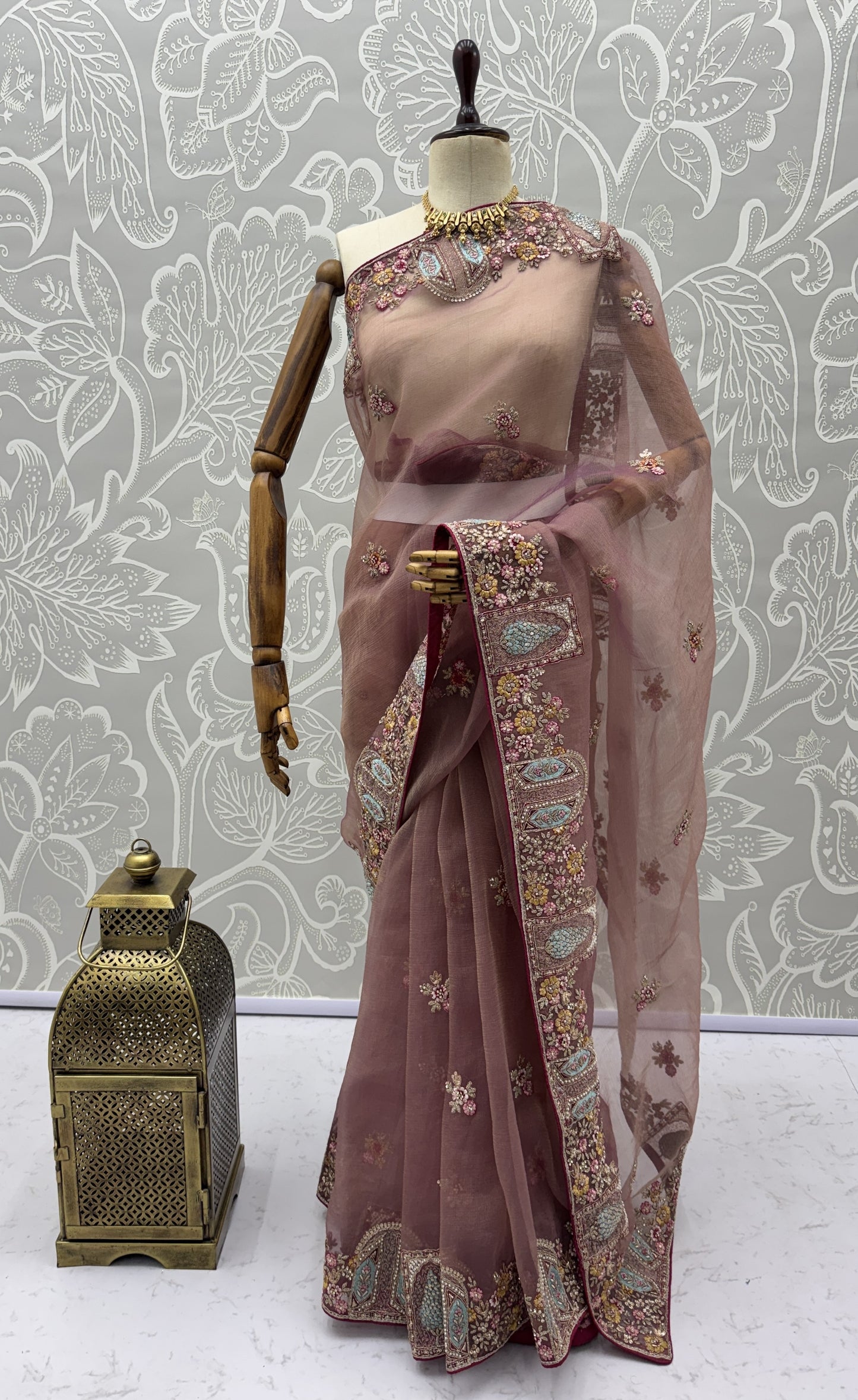 Dusty Rose Designer Saree with Patch Embroidery, Dori Work, Zari and Zircon Diamond Embellishments