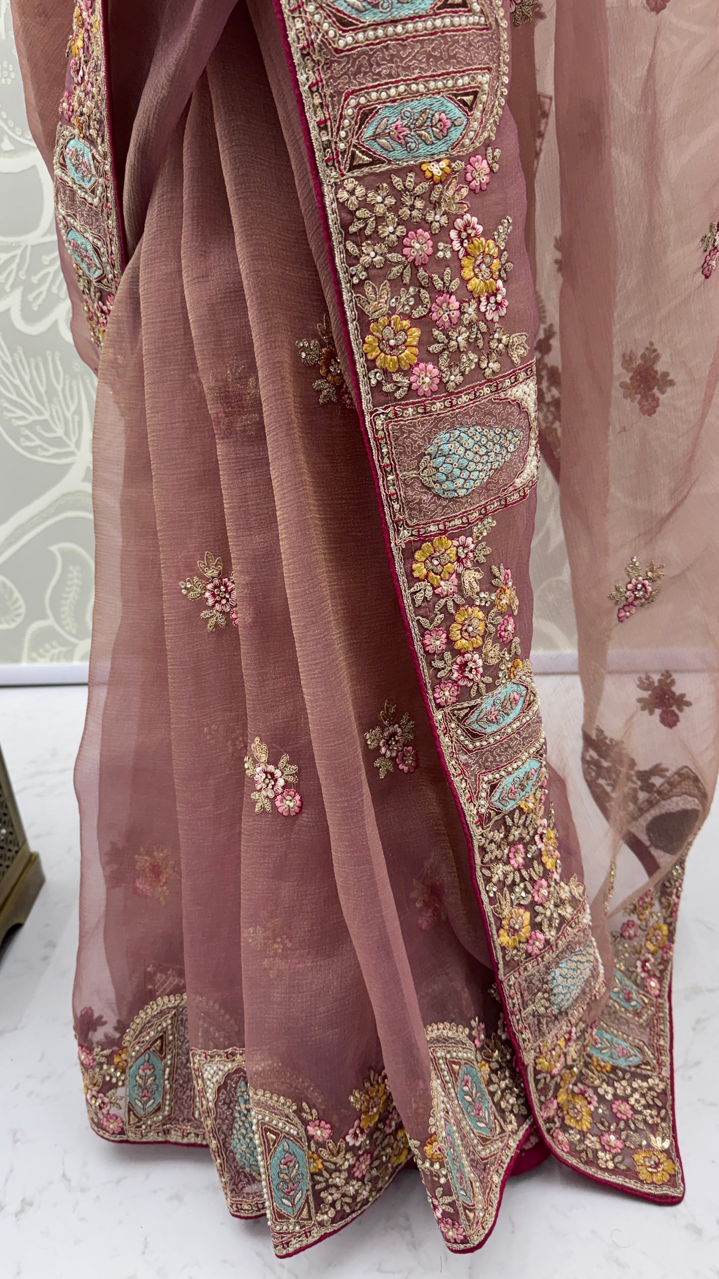 Dusty Rose Designer Saree with Patch Embroidery, Dori Work, Zari and Zircon Diamond Embellishments