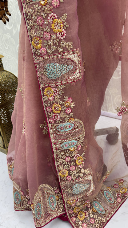 Dusty Rose Designer Saree with Patch Embroidery, Dori Work, Zari and Zircon Diamond Embellishments