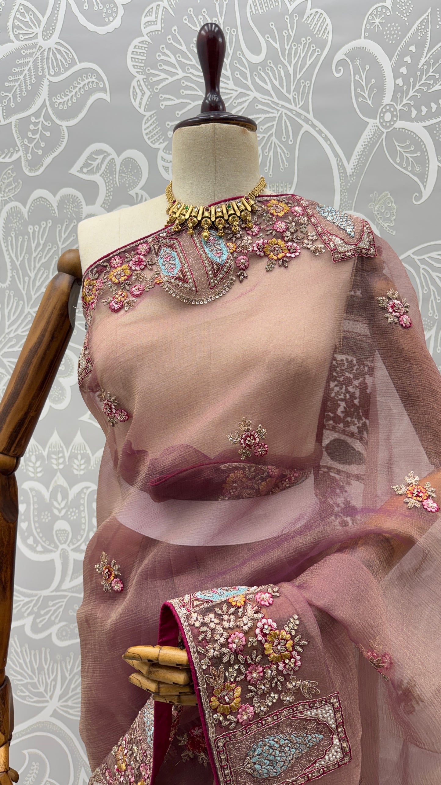 Dusty Rose Designer Saree with Patch Embroidery, Dori Work, Zari and Zircon Diamond Embellishments