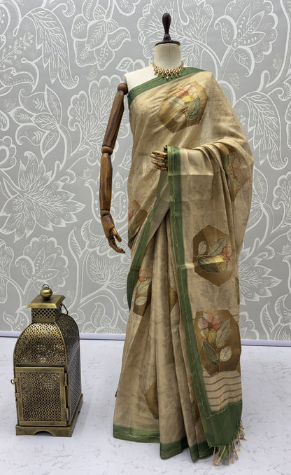Nature Inspired Virana Silk Saree with Floral Print, Dori Work and Green Border