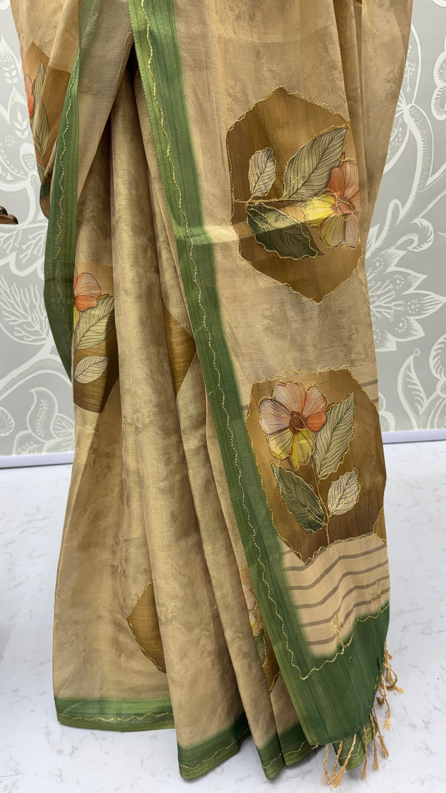 Nature Inspired Virana Silk Saree with Floral Print, Dori Work and Green Border