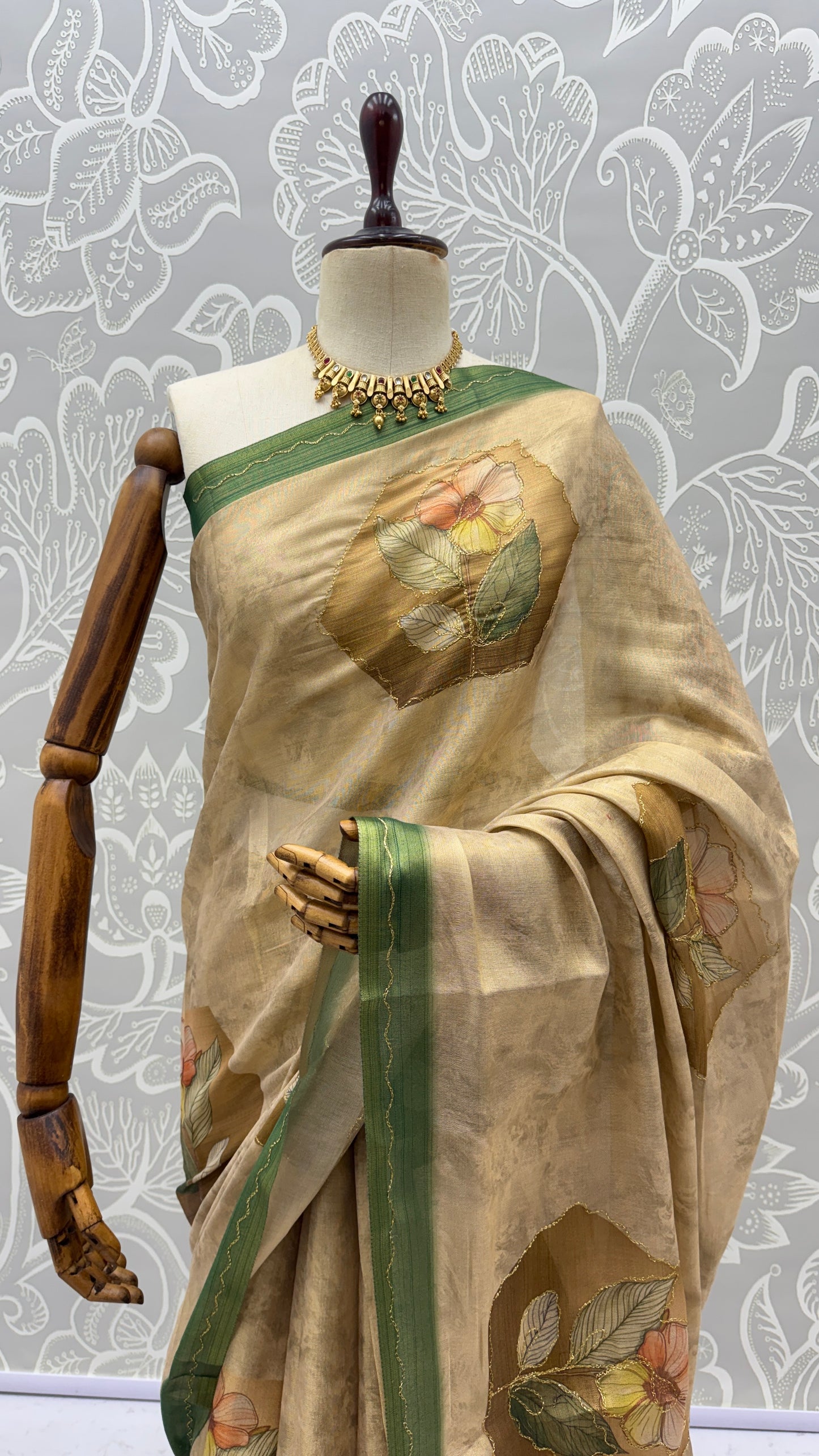 Nature Inspired Virana Silk Saree with Floral Print, Dori Work and Green Border
