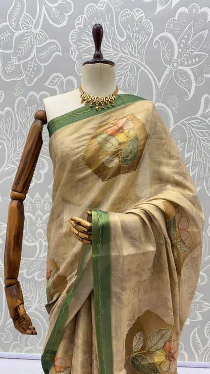 Nature Inspired Virana Silk Saree with Floral Print, Dori Work and Green Border