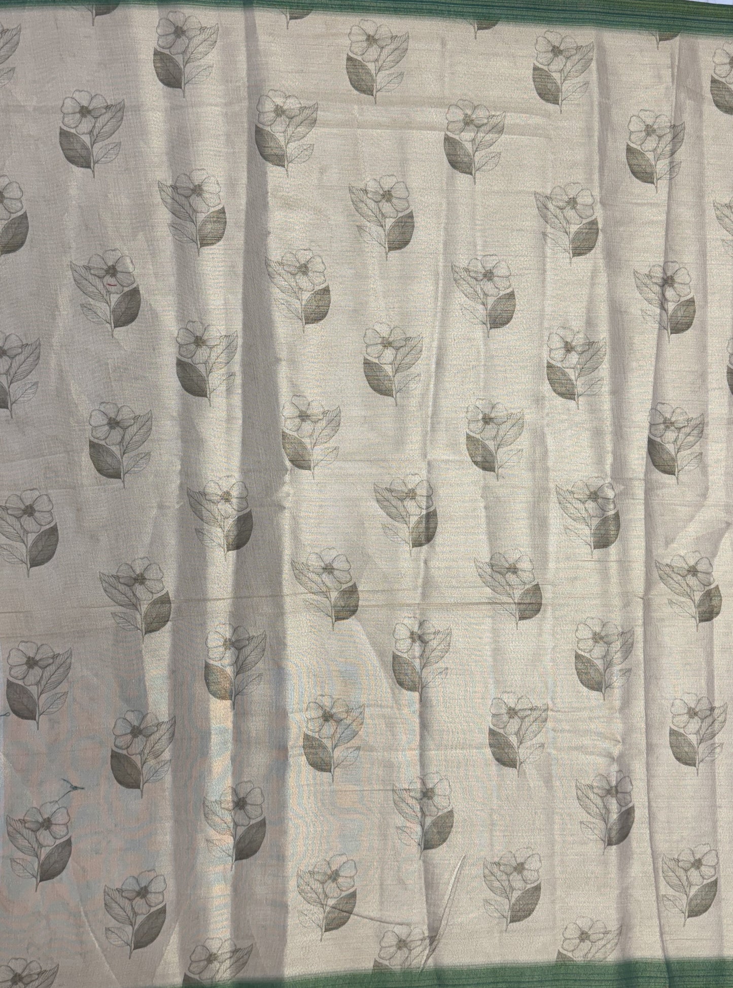 Nature Inspired Virana Silk Saree with Floral Print, Dori Work and Green Border