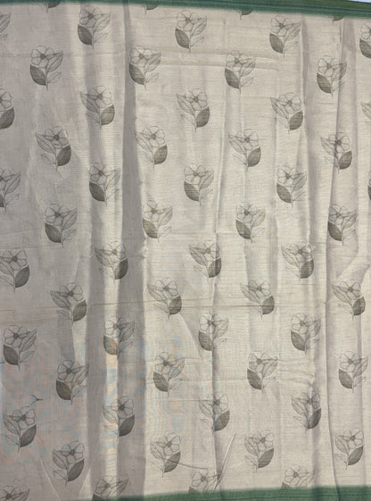 Nature Inspired Virana Silk Saree with Floral Print, Dori Work and Green Border