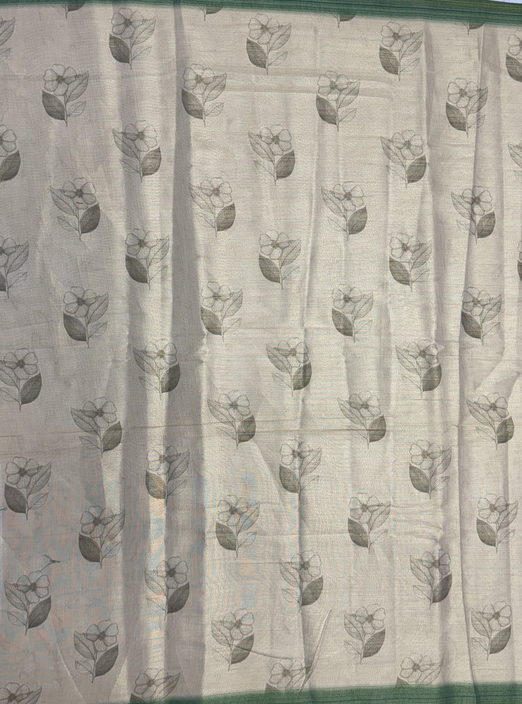 Nature Inspired Virana Silk Saree with Floral Print, Dori Work and Green Border