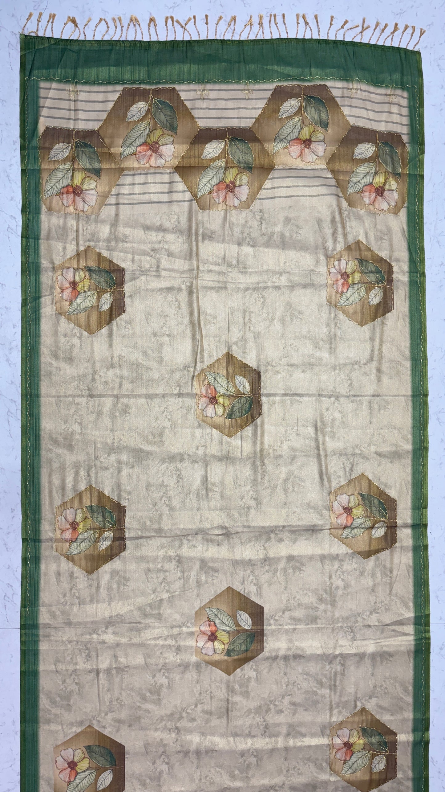 Nature Inspired Virana Silk Saree with Floral Print, Dori Work and Green Border