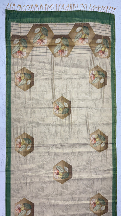 Nature Inspired Virana Silk Saree with Floral Print, Dori Work and Green Border