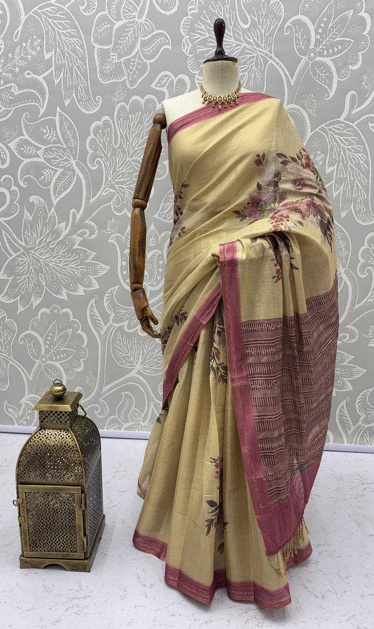 Floral Printed Virana Silk Designer Saree with Elegant Dori Work and Matching Blouse