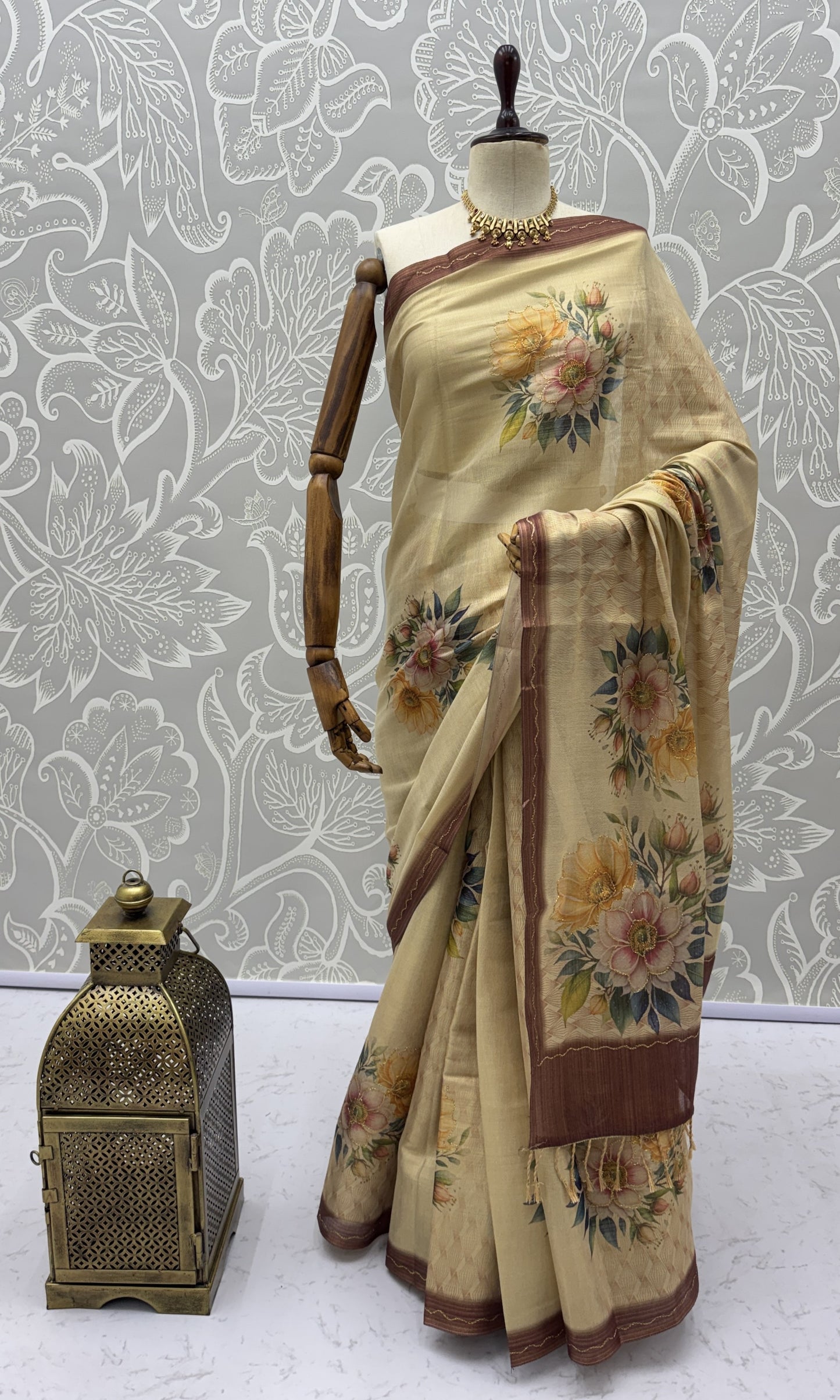 Elegant Floral Printed Virana Silk Saree with Dori Work and Designer Pallu