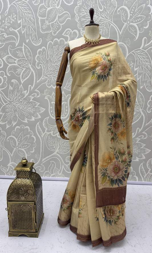 Elegant Floral Printed Virana Silk Saree with Dori Work and Designer Pallu