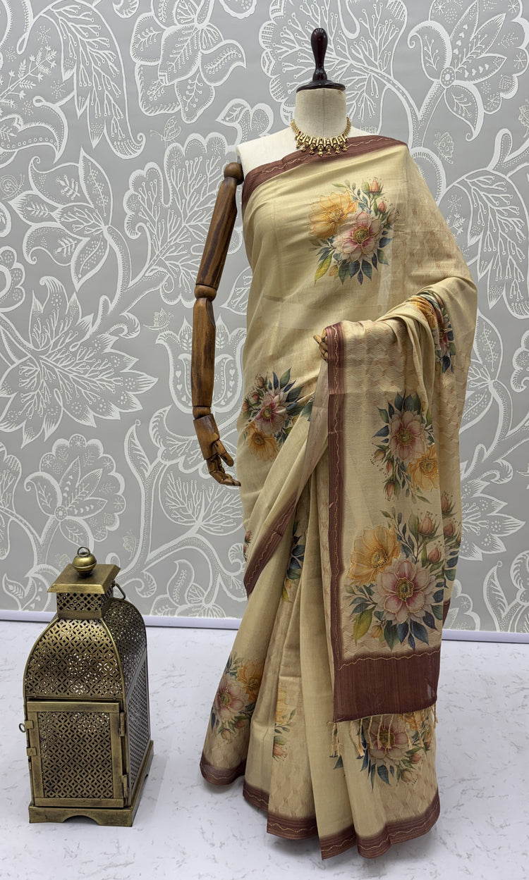 Elegant Floral Printed Virana Silk Saree with Dori Work and Designer Pallu