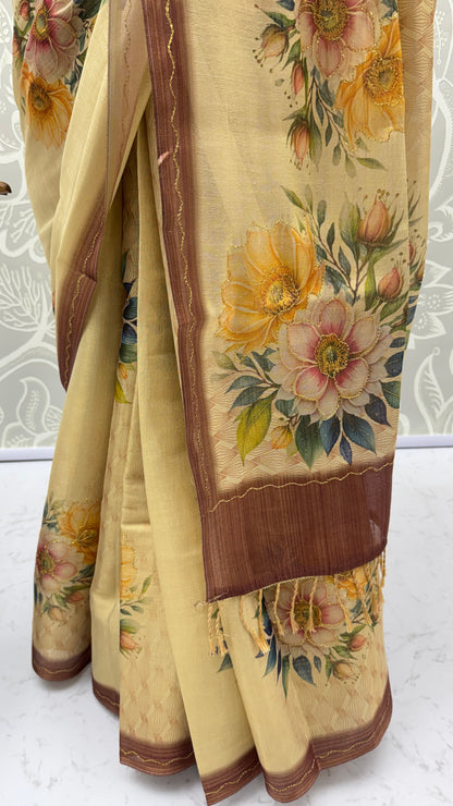Elegant Floral Printed Virana Silk Saree with Dori Work and Designer Pallu