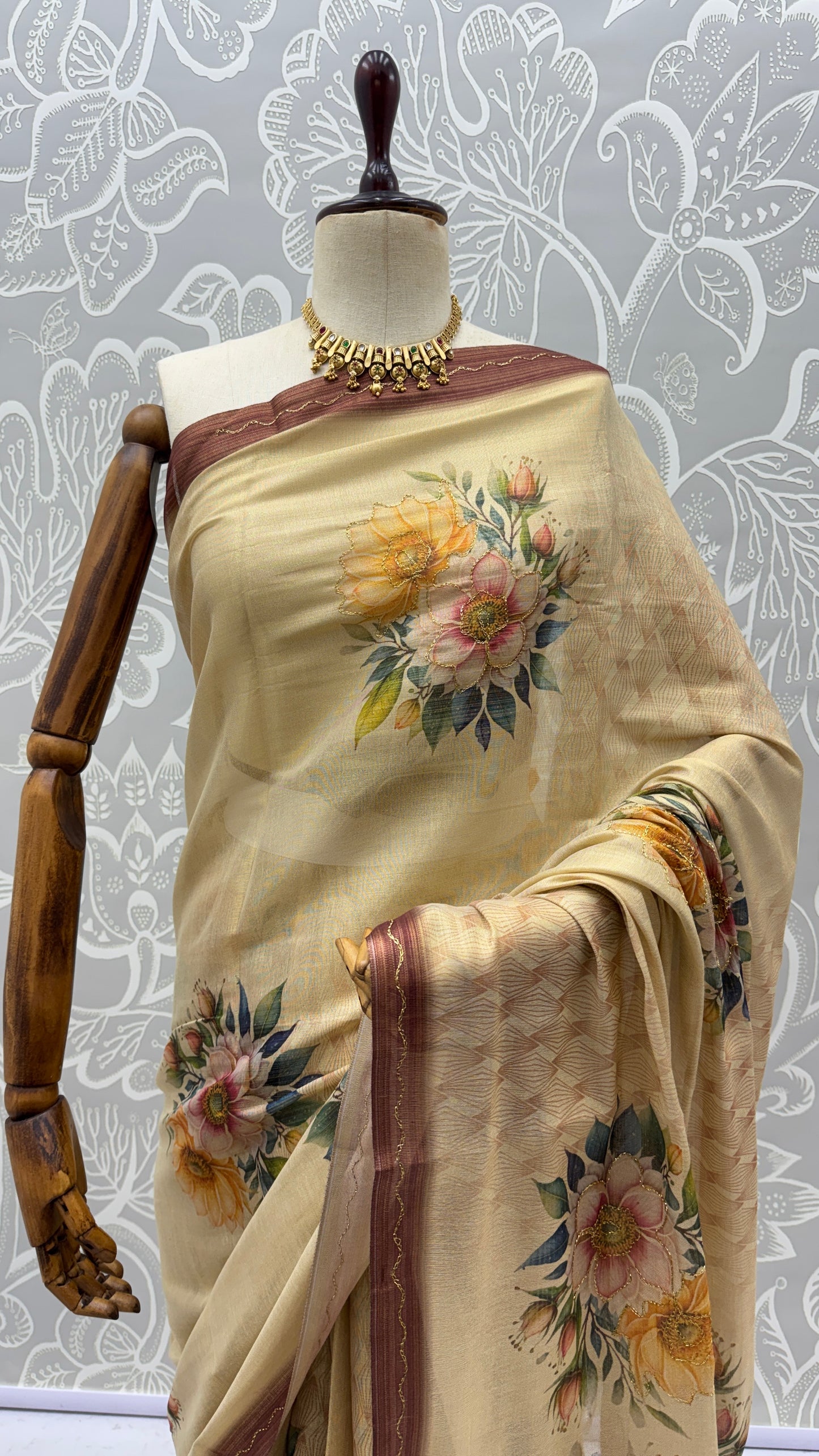 Elegant Floral Printed Virana Silk Saree with Dori Work and Designer Pallu