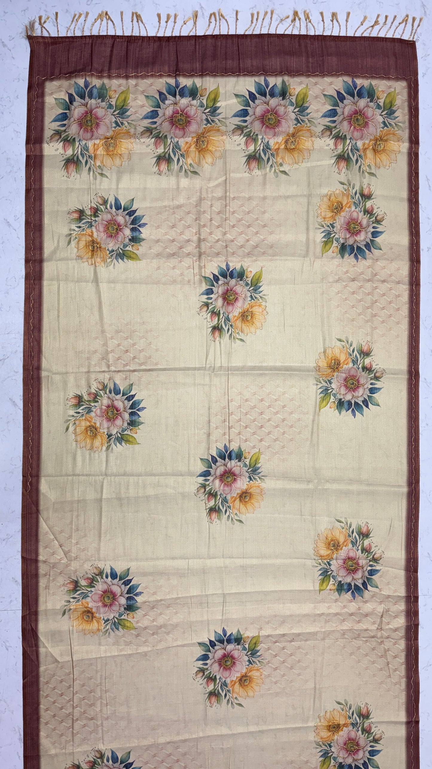 Elegant Floral Printed Virana Silk Saree with Dori Work and Designer Pallu